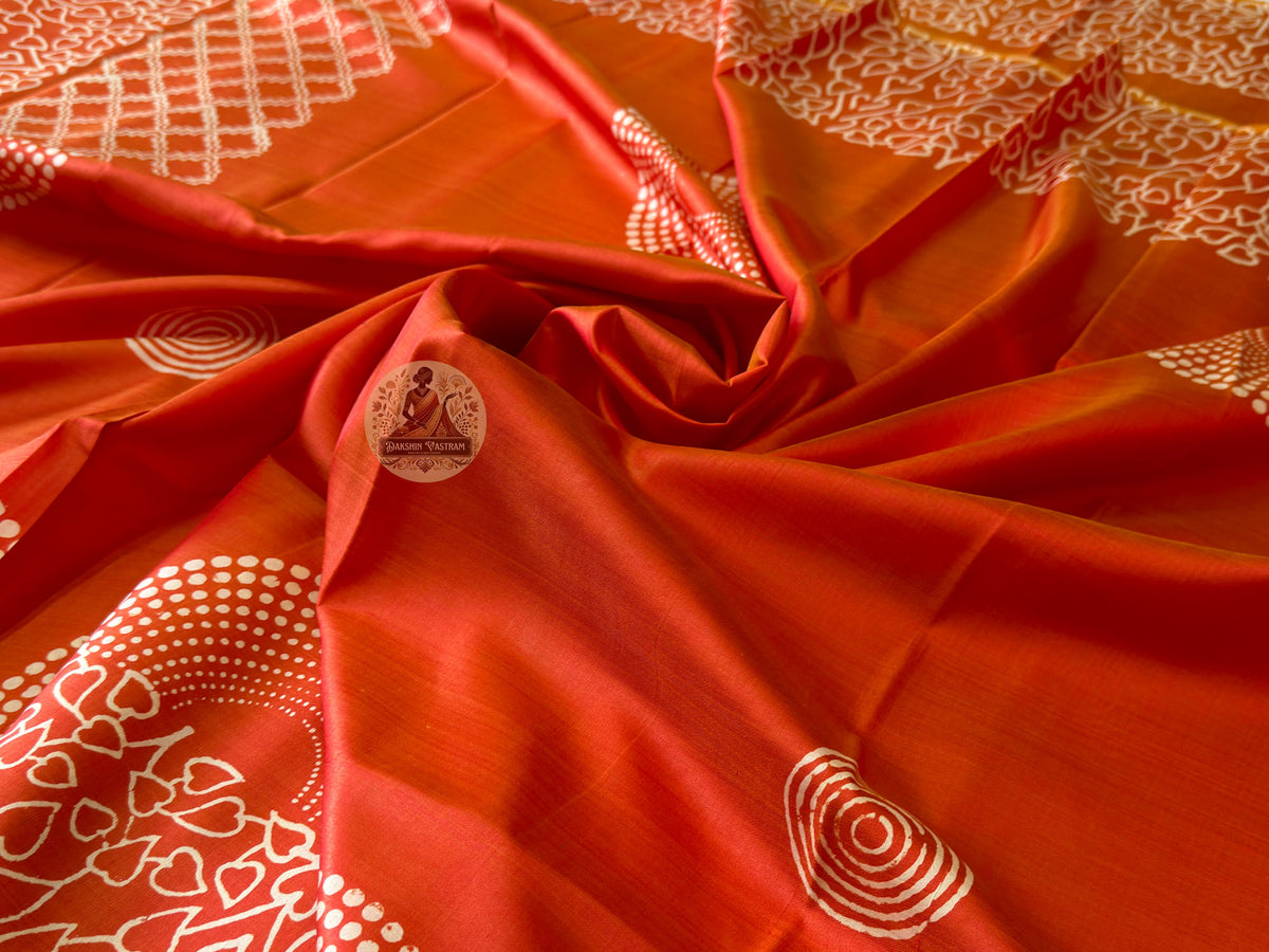 Close-up of Bishnupur hand block print silk saree – intricate Bengal folk art patterns pressed by master craftsmen, no two impressions ever identical | Dakshin Vastram