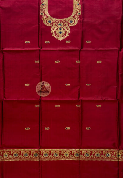 Unstitched handloom Baluchari silk kurti fabric in rich red with Resham neckline — ideal for Karva Chauth and Diwali celebrations