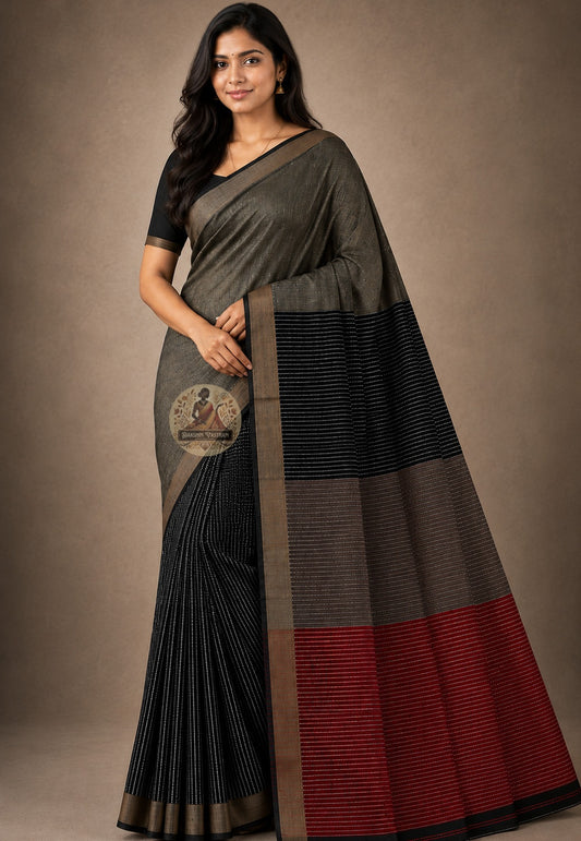 Side view of Bishnupur Katan Silk Saree showing the structured graceful drape and rich colour depth of pure handwoven Katan silk with traditional Bengali motifs along the border