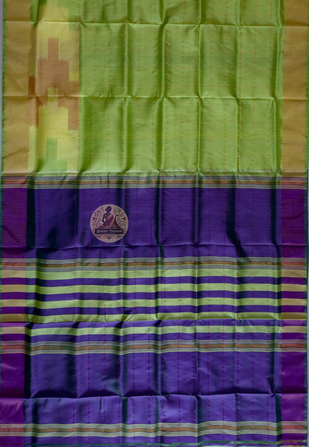 Full flat-lay of Bishnupur Pure Katan Silk Saree displaying the complete handloom weave, woven border and richly patterned pallu — a generational heirloom handwoven in Bishnupur, West Bengal