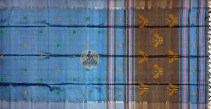 Close-up of handloom Bishnupur Katan silk saree showing precisely woven border motifs and fine butis (small woven motifs) on naturally lustrous Katan silk ground, the weave speaking without embellishment