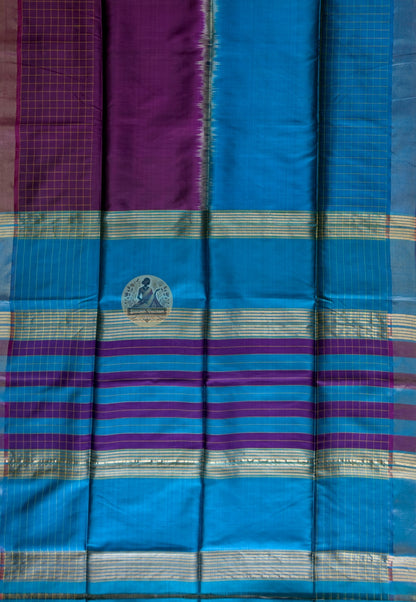 Full flat-lay of Bishnupur Pure Katan Silk Saree displaying the complete handloom weave, woven border and richly patterned pallu — handwoven in Bishnupur, West Bengal for life's celebrations