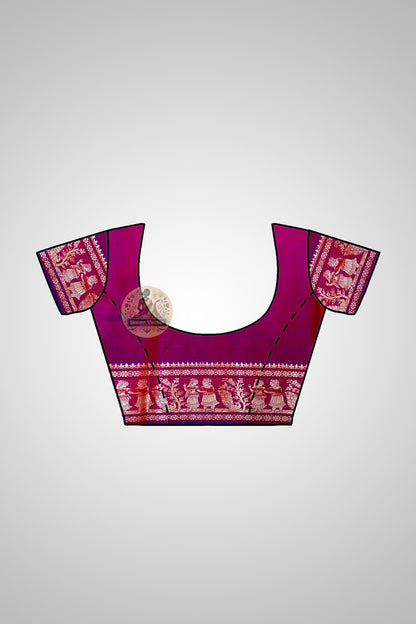 Bridal Baluchari silk saree in deep red with hand-woven Mughal-era storytelling panels