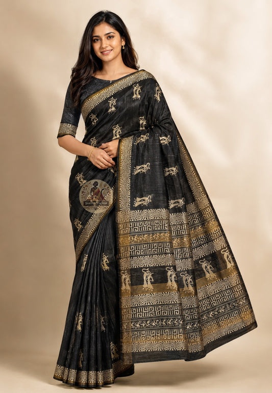 Front view of Ghicha Tussar Silk Saree in warm sand natural tone, handwoven wild silk draped on model, perfect for Chhath Puja sunrise in Patna and Durga Puja ashtami in Kolkata