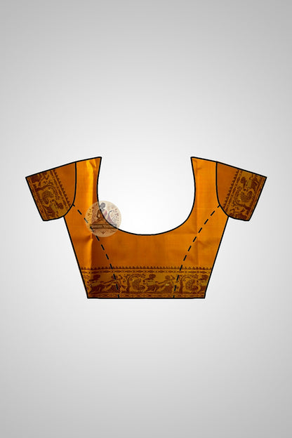 Close-up of running blouse fabric from Baluchari Pure Silk Saree set, featuring coordinating handwoven pure silk with complementary traditional Baluchari motif border detail