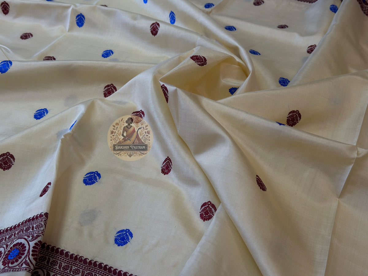 Detailed close-up of rare Baluchari Silk Saree multi-layered border with the most intricate handwoven figurative motifs from Bishnupur's three-hundred-year weaving tradition — each scene rendered in pure silk with unmatched precision