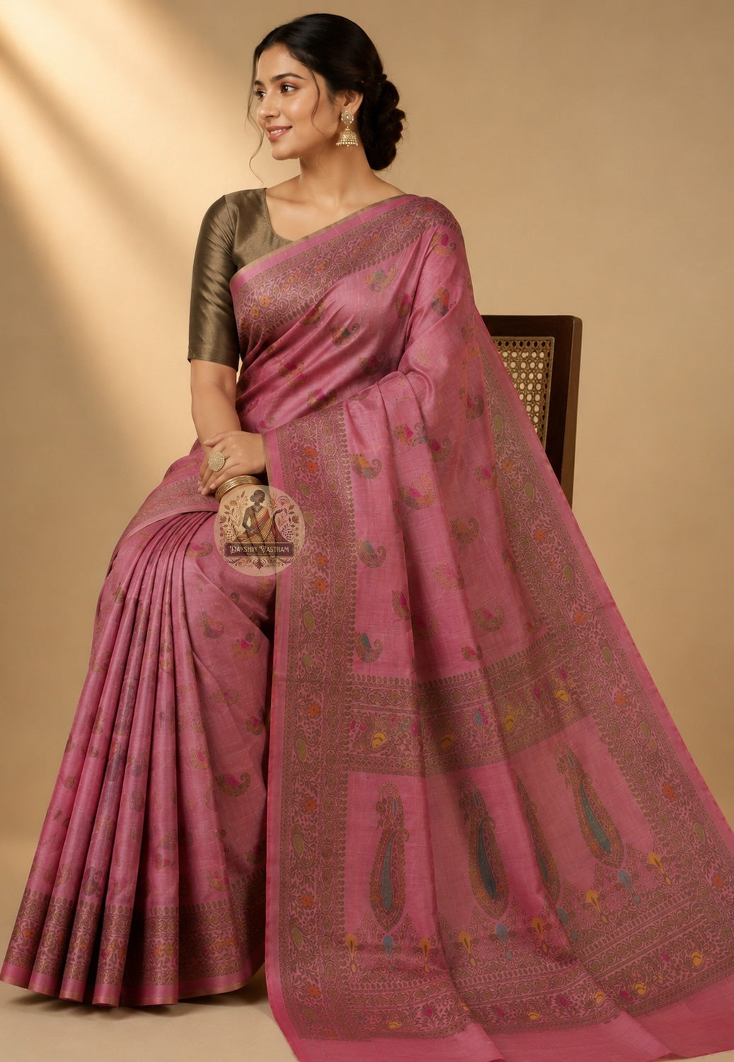 Rear view of Banarasi Muga Tussar Saree displaying handcrafted zari pallu with traditional Varanasi motifs of lotus, paisley and geometric jaal in gold thread