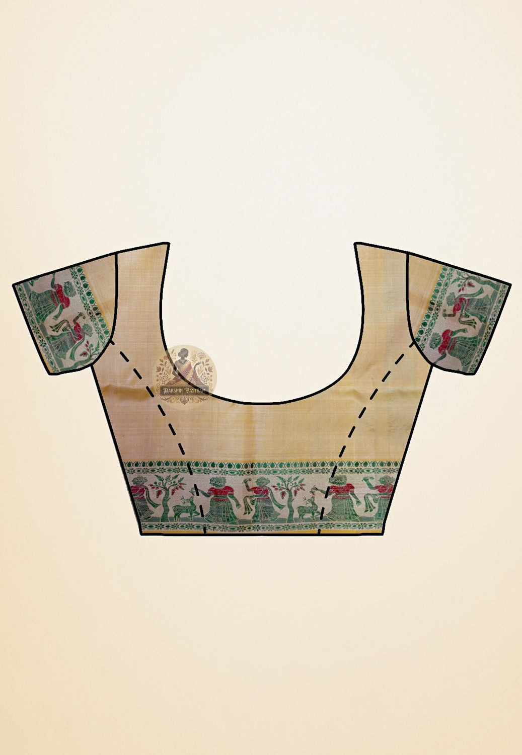  Close-up of blouse piece of Beige Baluchari Silk Saree featuring traditional hand-woven border detailing in warm beige pure silk from Bishnupur Bengal by Dakshin Vastram