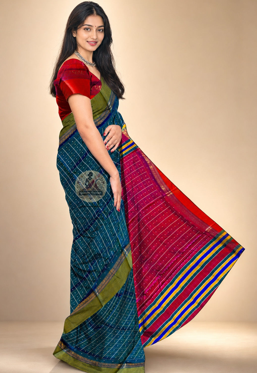 Bishnupur Silk Bindu Buti Saree side view – pure silk drape with woven Bindu Buti pattern, perfect for Indian weddings and festive occasions in Nashville