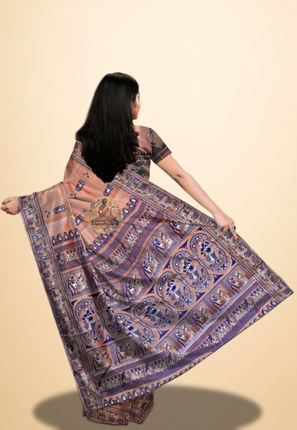Close-up of hand-interlocked mythological motifs on a pure silk Baluchari saree from Bengal