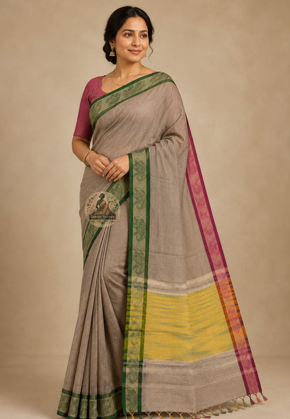 Side view of handwoven pure cotton saree from West Bengal showing pallu fall and border