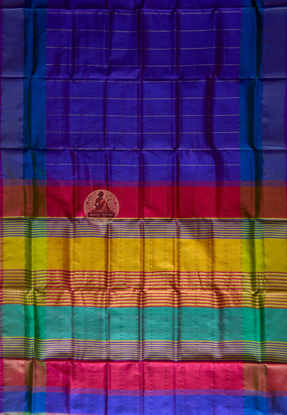 Full flat-lay of Bishnupur Pure Katan Silk Saree showing the complete handloom weave, woven border and richly patterned pallu — handwoven in Bishnupur, West Bengal