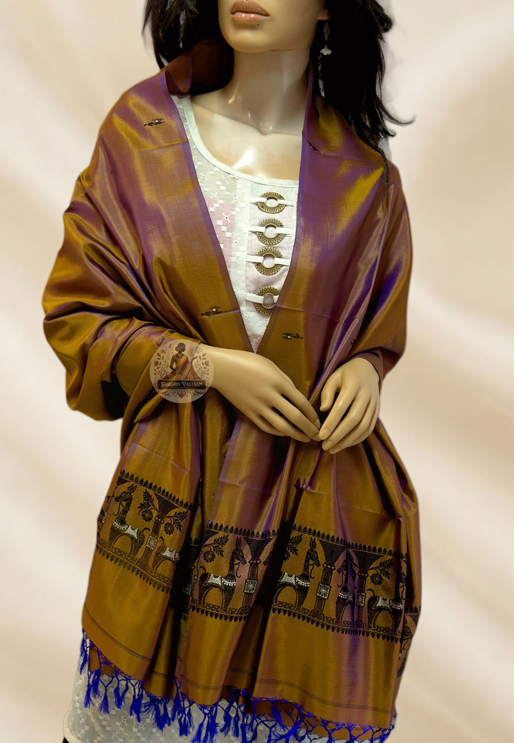 Baluchari silk stole draped over lehenga – artisan handloom weave for South Asian weddings in London and Leicester