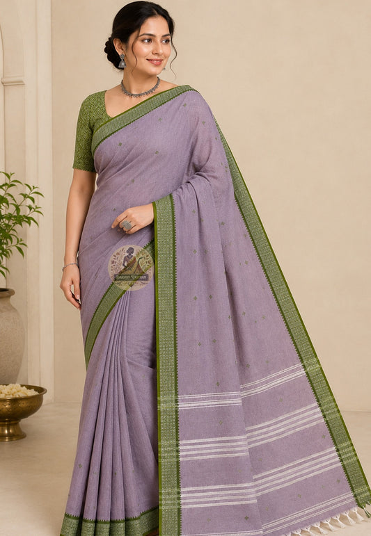 Front view of pure cotton handloom saree in elegant drape, ideal for Durga Puja and festive occasions