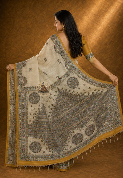 Detail shot of Ghicha Tussar Silk Saree pleats and drape, capturing the earthy character and natural elegance of handwoven Tussar silk — beauty that needs no adornment