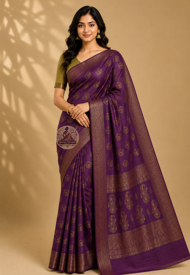 Front view of Banarasi Muga Tussar Saree in timeless naturally golden Muga silk with handwoven Banarasi zari border, draped elegantly for weddings and festive celebrations across India