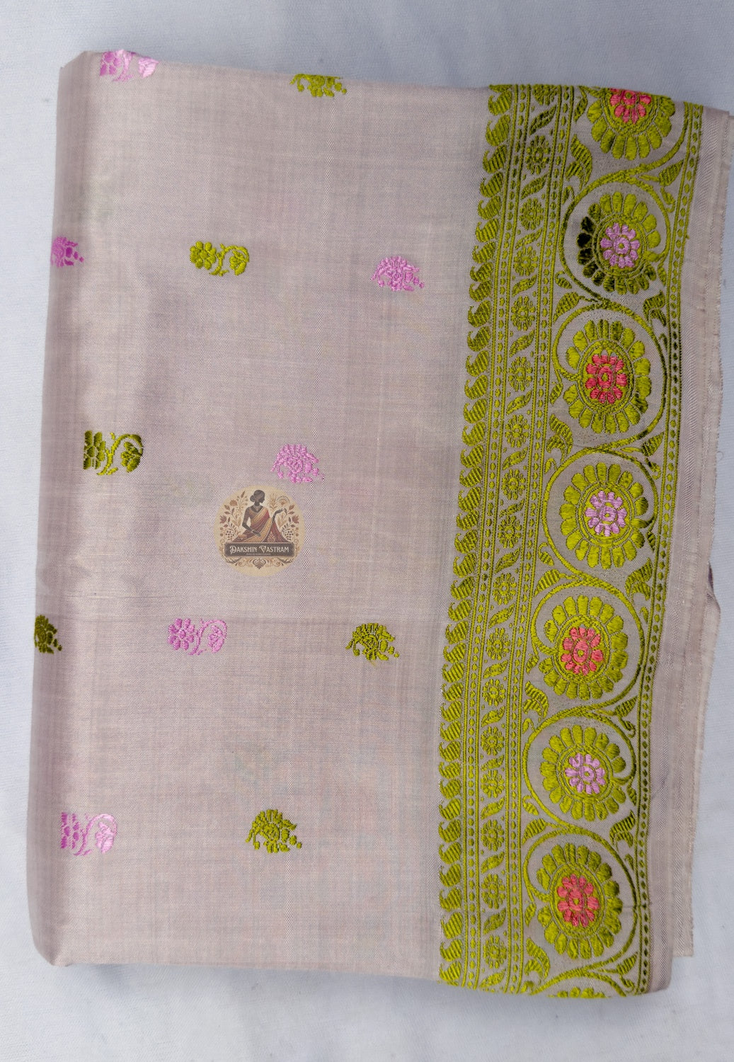 Full flat-lay of Baluchari Pure Silk Saree with matching blouse piece Kurukshetra dawn narrative collector Bishnupur Bengal