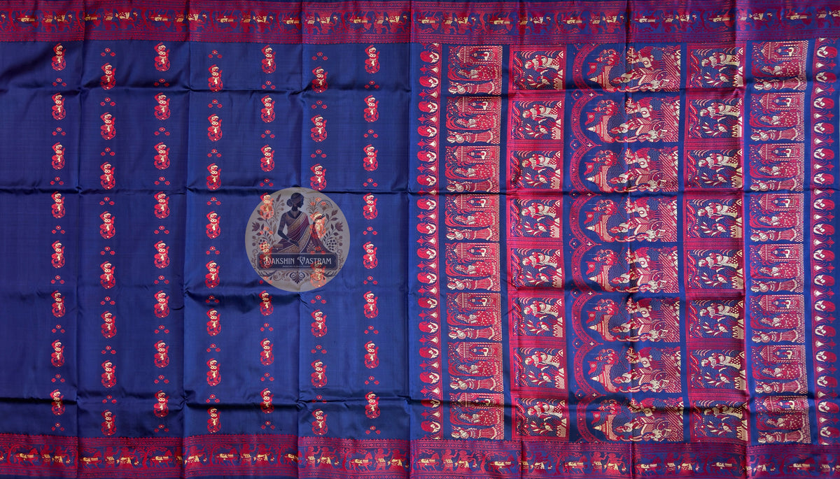 Full flat-lay of Baluchari Silk Saree in pure lustrous silk displaying complete handwoven mythological pallu, narrative border and saree body — a collector's piece for Durga Puja, weddings, Poila Boishakh and cultural events across Kolkata, Delhi and Mumbai