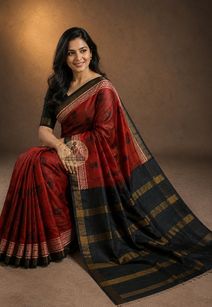 Rear view of Ghicha Tussar Silk Saree displaying handwoven pallu and natural silk texture, artisan-crafted saree for Bihu celebrations in Guwahati and Indian festive occasions