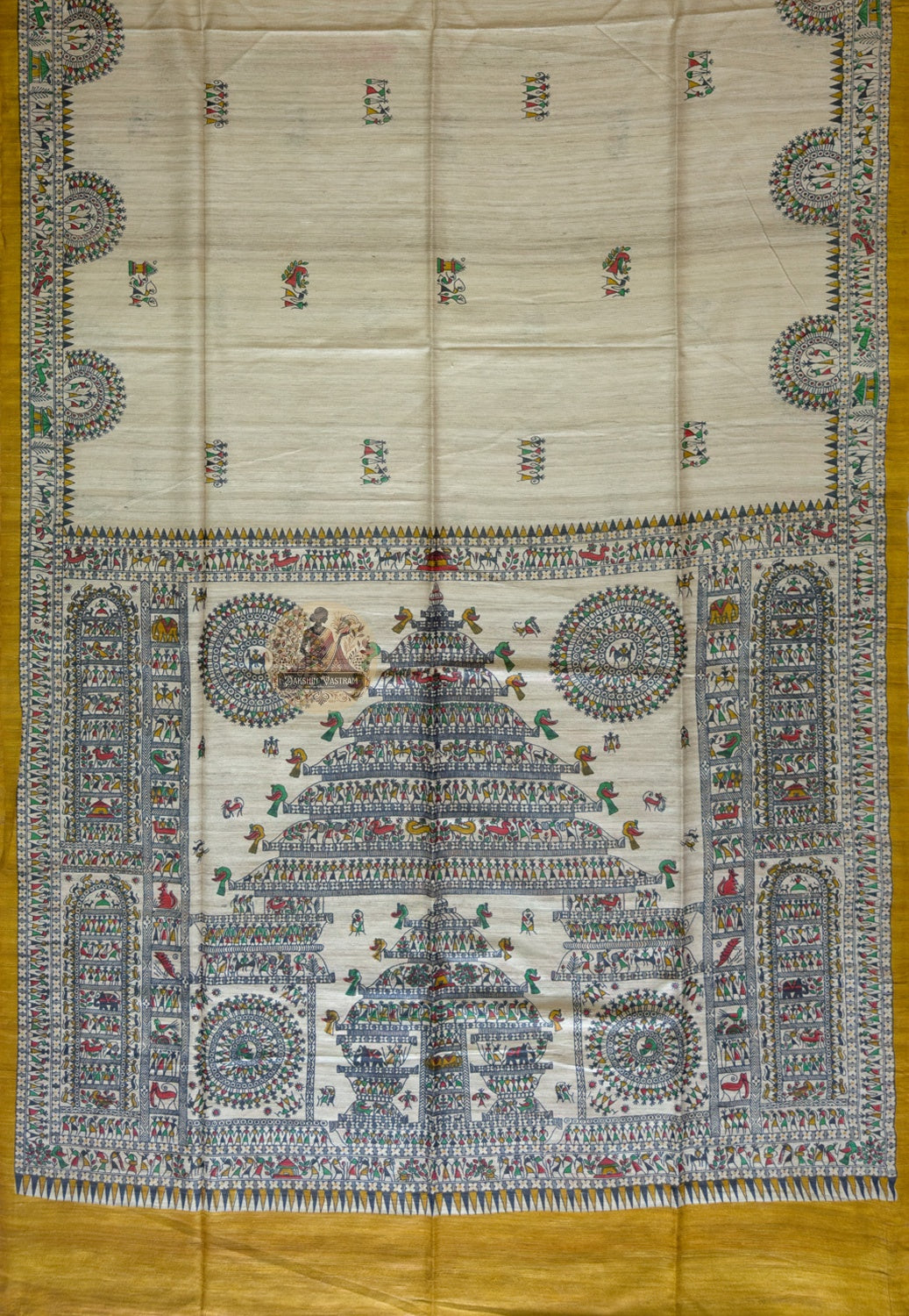 Full flat-lay of Ghicha Tussar Silk Saree displaying the complete handwoven weave, textured border and naturally toned pallu — authentic Ghicha Tussar silk, handwoven in India