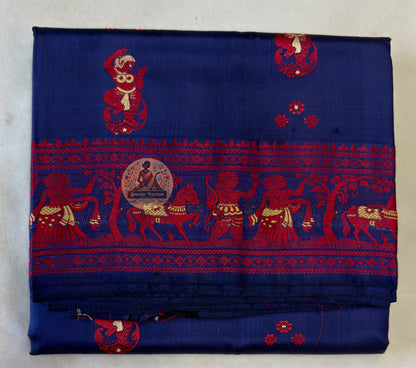 Full flat-lay of Baluchari Silk Saree in pure lustrous silk displaying complete handwoven mythological pallu, narrative border and saree body — a collector's piece for Durga Puja, weddings, Poila Boishakh and cultural events across Kolkata, Delhi and Mumbai