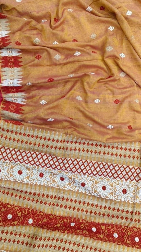 Handwoven Eri Silk Saree from Assam in full drape, slow-made pit loom silk with natural matte finish, Dakshin Vastram