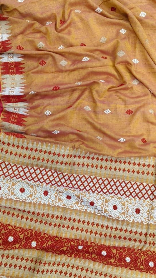 Handwoven Eri Silk Saree from Assam in full drape, slow-made pit loom silk with natural matte finish, Dakshin Vastram