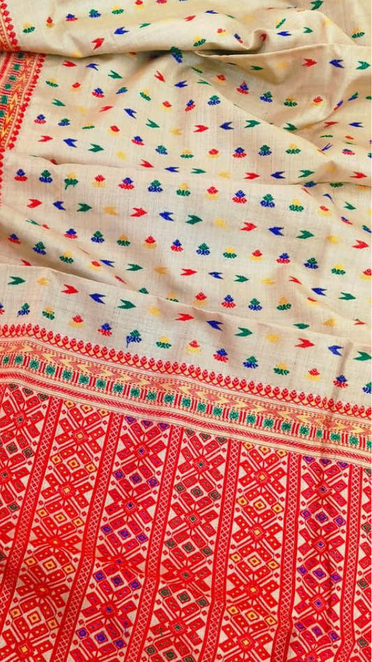 Handwoven Muga Silk Saree in natural golden colour draped elegantly – Dakshin Vastram UK