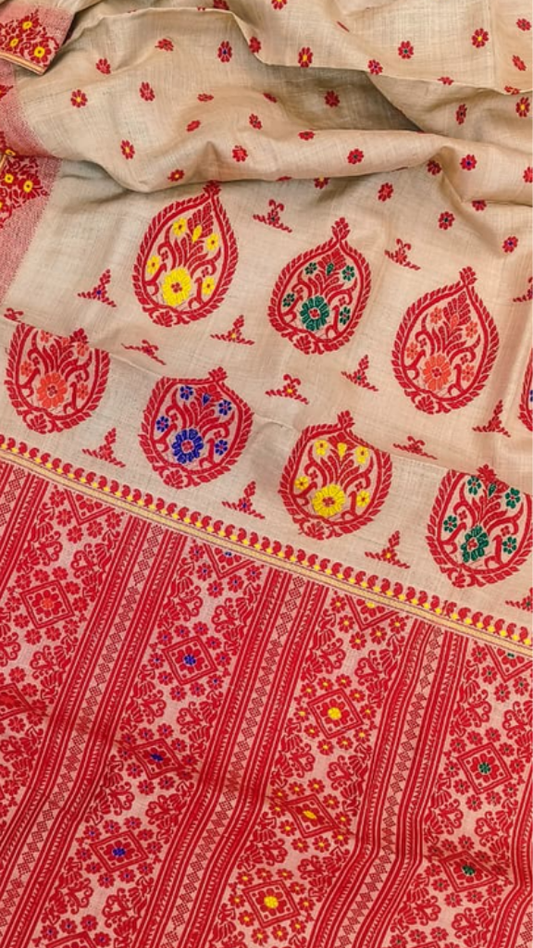 Front view of Pure Muga Silk Saree draped on model, showcasing the rare natural golden hue and lustrous handwoven silk from the forests of Assam, Northeast India