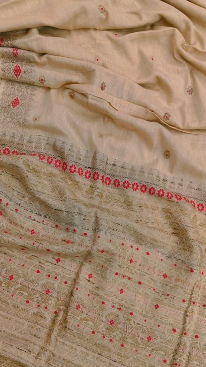 Handwoven Eri Silk Saree from Assam in full drape, heirloom-quality hand-spun silk with natural matte finish, Dakshin Vastram