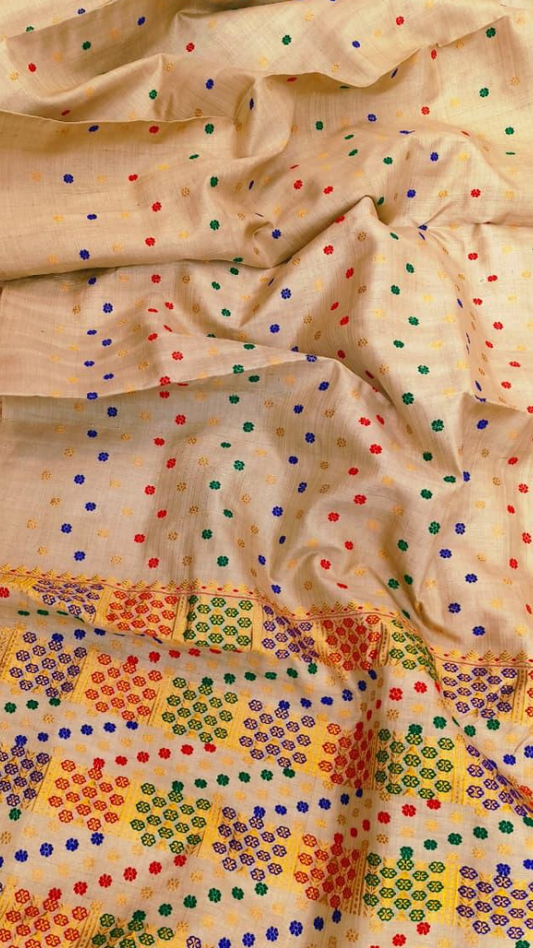 Traditional Assamese bridal Muga Silk Saree in natural honey gold – handwoven by Dakshin Vastram UK