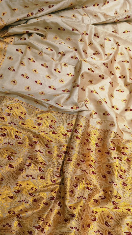 Collector's edition Muga Silk Saree in rare natural golden amber – museum-quality Assam handloom by Dakshin Vastram UK