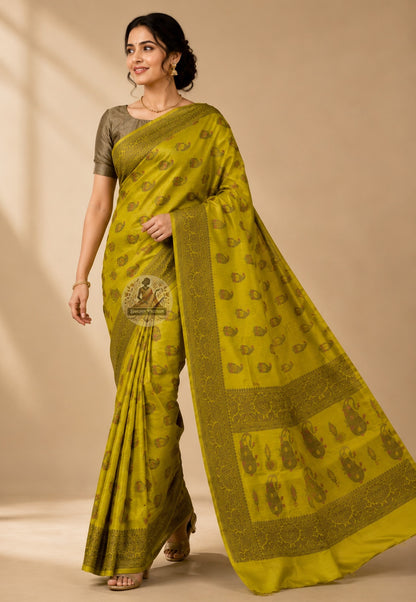 Side profile of Banarasi Muga Tussar Saree showing graceful full-length drape and rich body of wild Muga silk with golden sheen