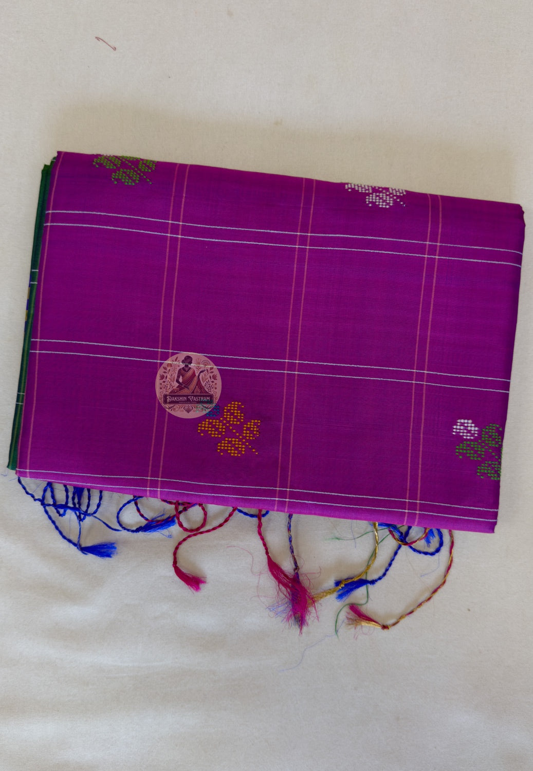 Folded Bishnupuri pure katan silk saree – rich natural silk lustre and handwoven Bengal border, ethically sourced artisan saree from Dakshin Vastram, ships worldwide