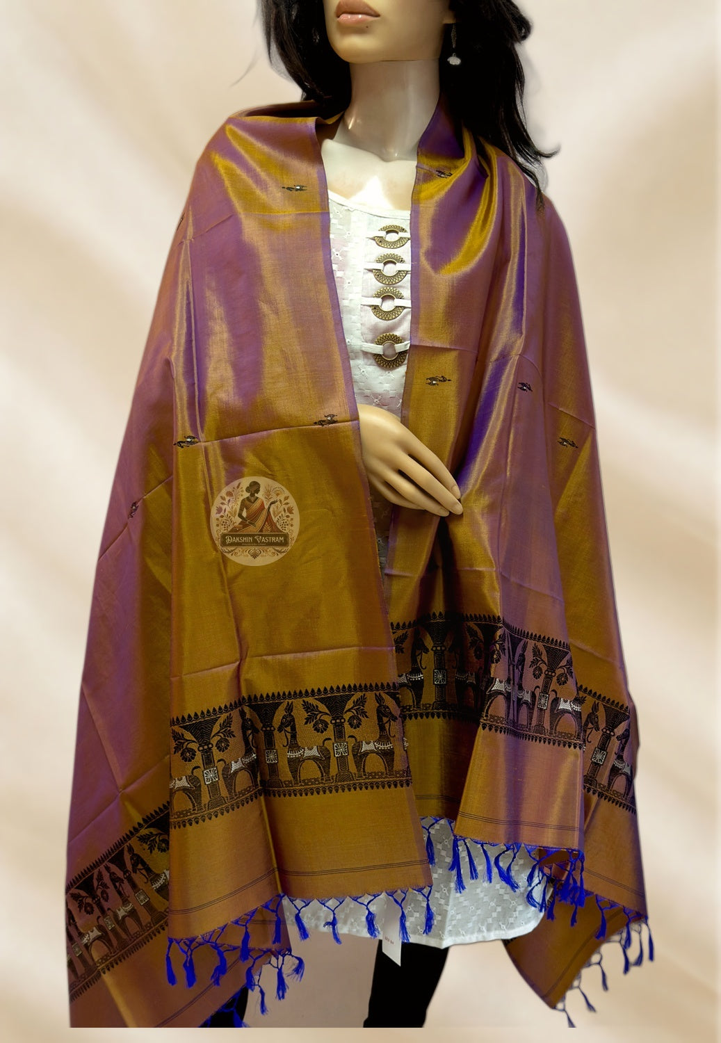 Baluchari silk stole with Bishnupur handloom weave and mythological border motifs – Dakshin Vastram UK