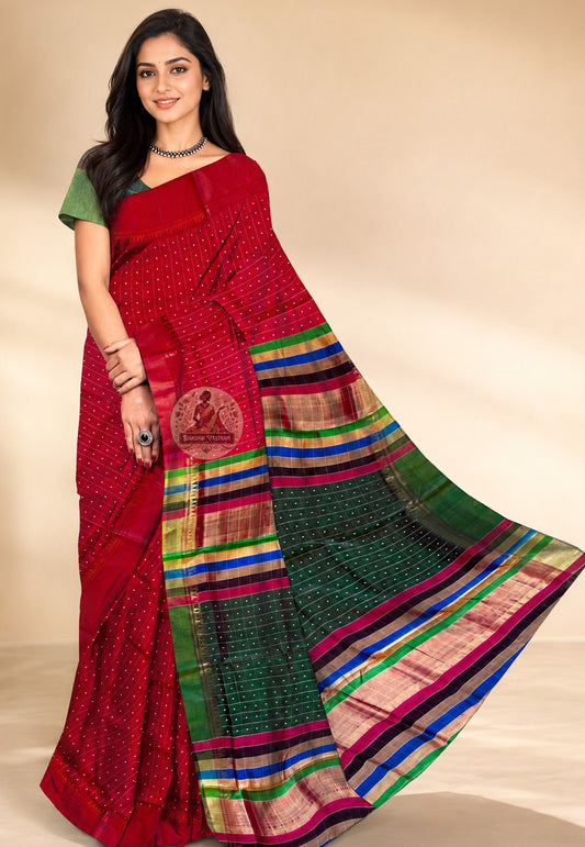 Bishnupur Silk Bindu Booti Saree front view – handwoven floral dot motif Bengal silk saree for Diwali in Charlotte and Navratri celebrations in Louisville | Dakshin Vastram