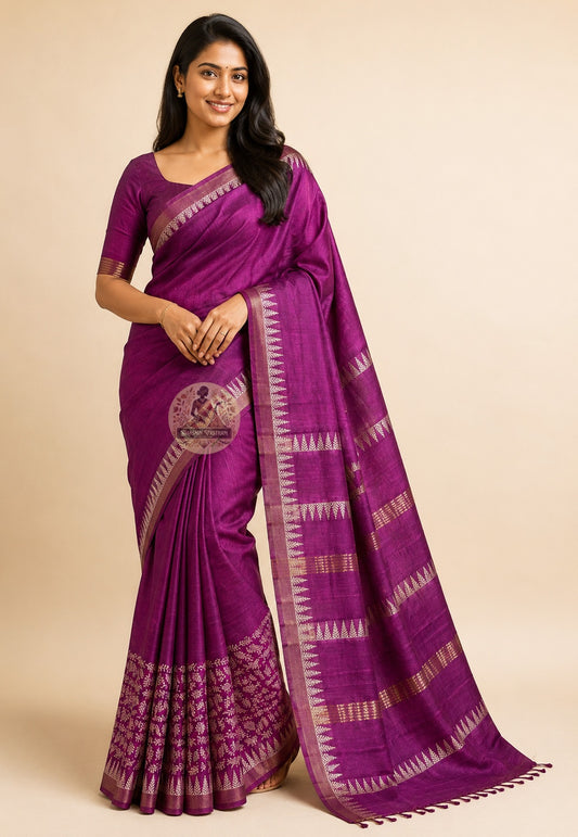 Front view of Ghicha Tussar Silk Saree in deep warm natural forest silk tone, handwoven wild silk draped on model, perfect for Basant Panchami mornings in Varanasi and Durga Puja sandhi puja in Kolkata