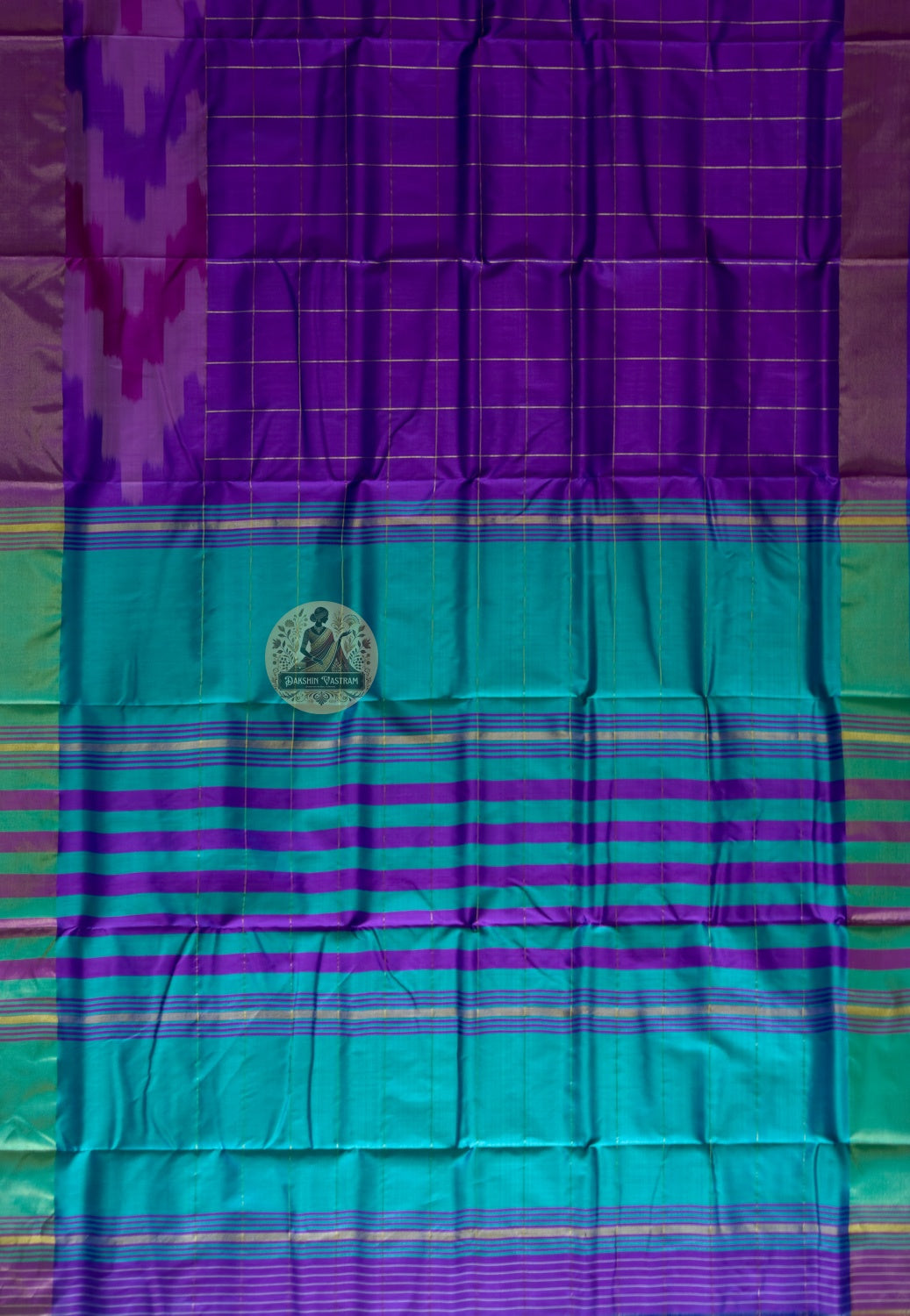 Full flat-lay of Bishnupur Pure Katan Silk Saree displaying the complete handloom weave, woven border and richly patterned pallu — woven in patience in Bishnupur, West Bengal