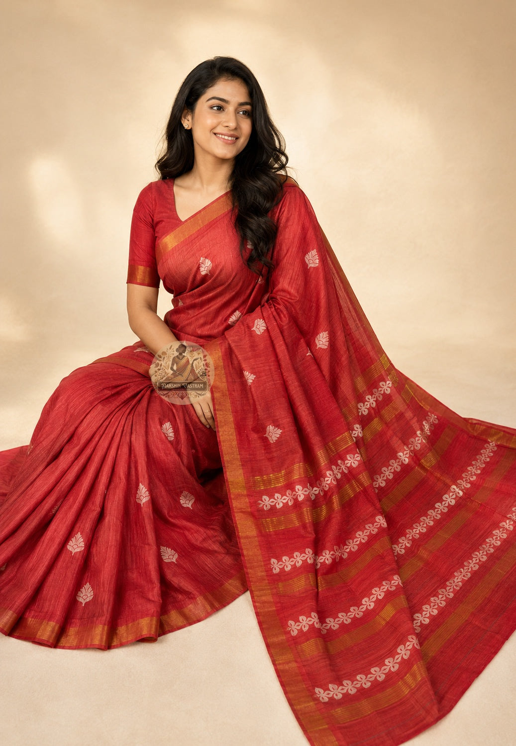 Rear view of Ghicha Tussar Silk Saree displaying pallu drape and handloom weave, artisan-crafted heritage saree for Bhai Dooj and Indian wedding celebrations