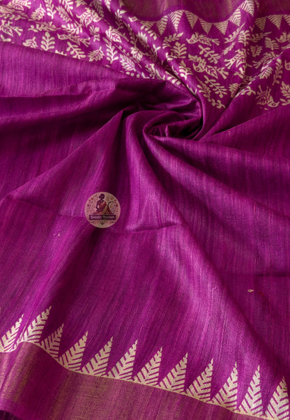 Close-up of Ghicha Tussar Silk weave revealing wild forest silk fibres, raised natural texture and warm variation — coarser, warmer and more alive than cultivated silk, woven by skilled artisan hands
