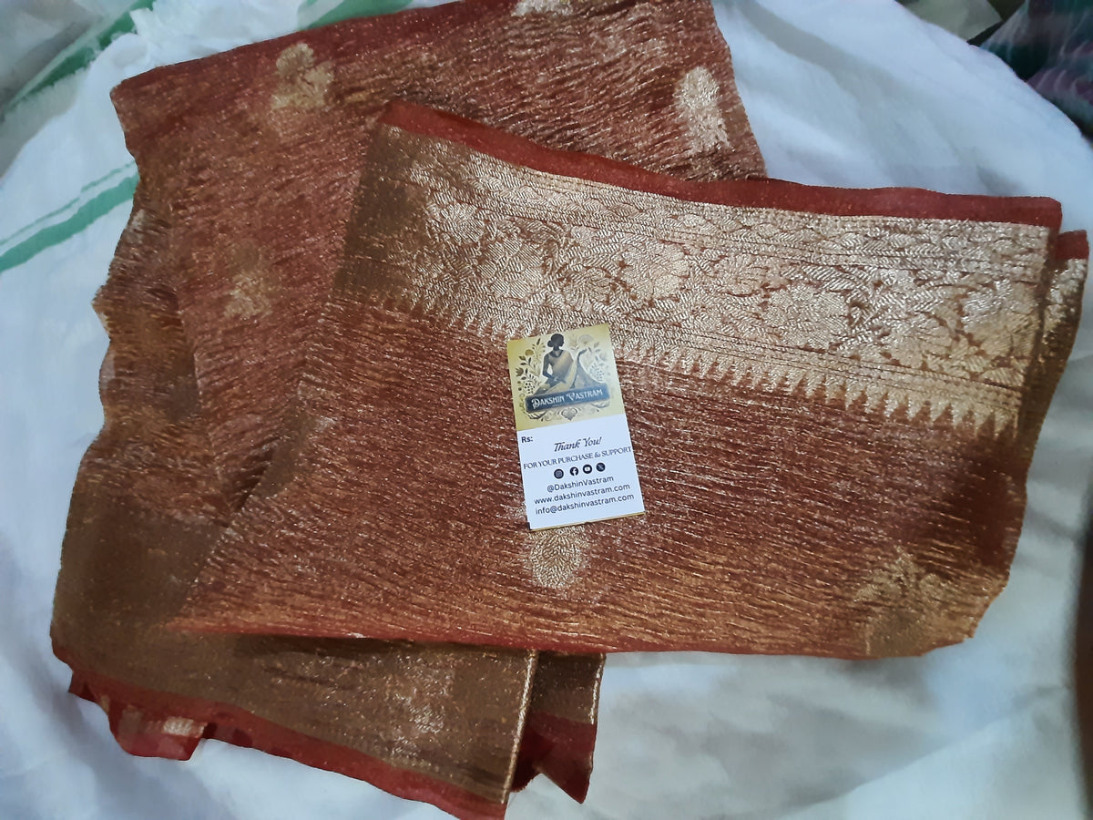 Side view of Organic Tissue Banarasi Silk Saree showcasing its soft, breathable fabric and elegant drape