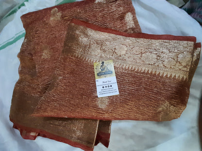 Side view of Organic Tissue Banarasi Silk Saree showcasing its soft, breathable fabric and elegant drape