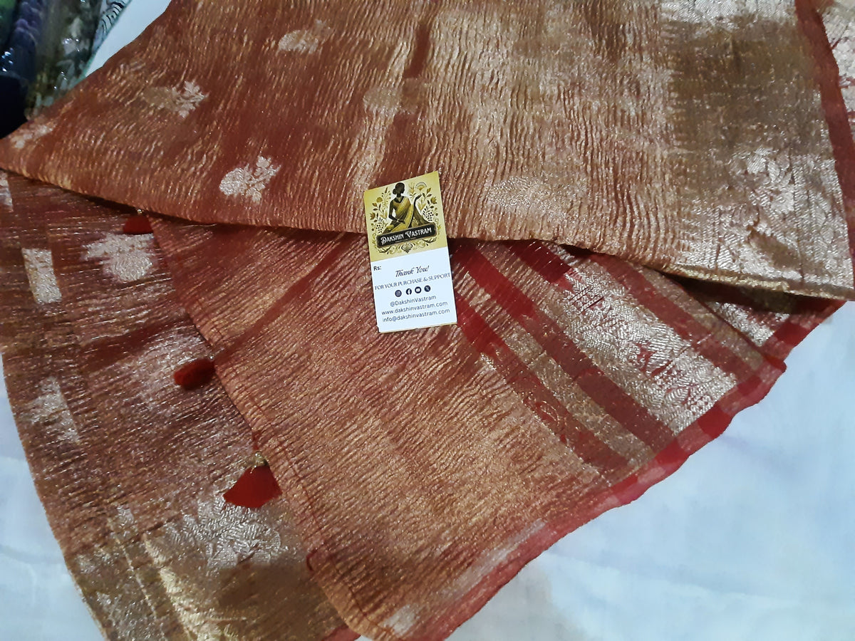 Rear view of Organic Tissue Banarasi Silk Saree highlighting its organic material and refined finish