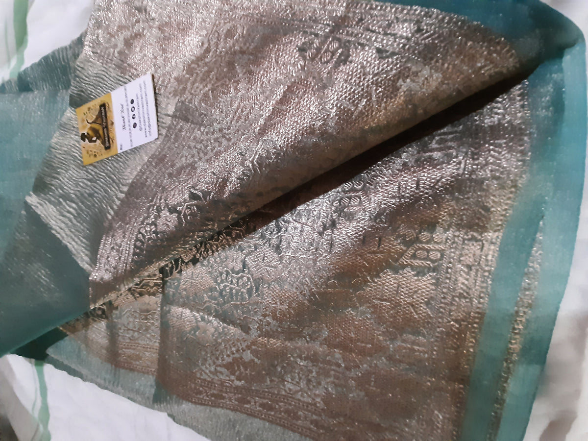 Side view of Tissue Banarasi Saree showcasing breathable texture and intricate Banarasi weave