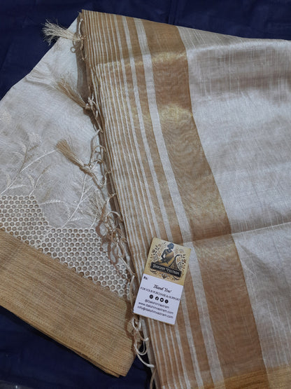 Side view of Tussar Embroidery Saree highlighting delicate embroidery and elegant drape