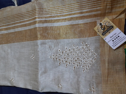 Side view of Tussar Embroidery Saree showcasing elegant draping and detailed embroidery