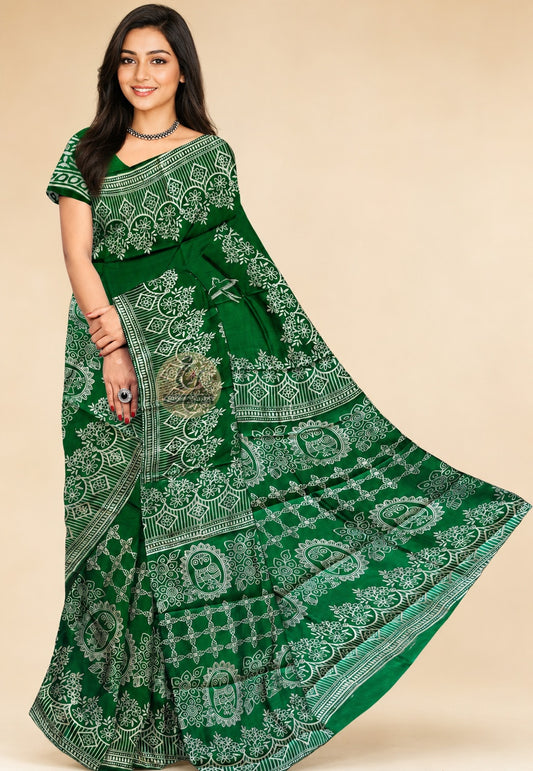 Bishnupur Silk Block Print Saree front view – handcrafted Bengal silk saree for Diwali in Seattle and Navratri in Los Angeles | Dakshin Vastram
