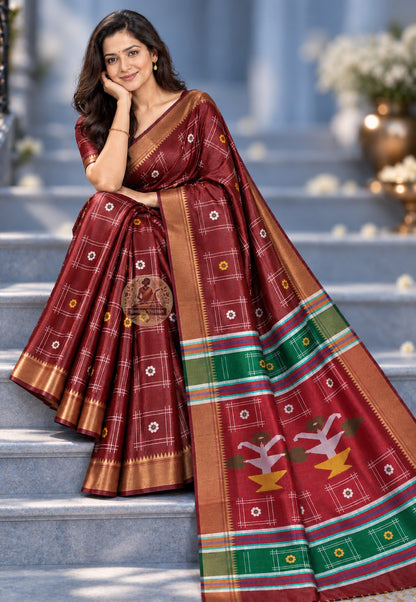 Front view of Bishnupur Katan silk wedding saree showing smooth structured pure silk drape and woven Bengal motifs for bridal and festive occasions