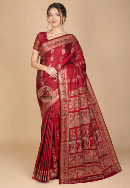Front view of Swarnachari handloom silk saree with precision-woven golden zari border and temple-art motifs, West Bengal pit-loom craft