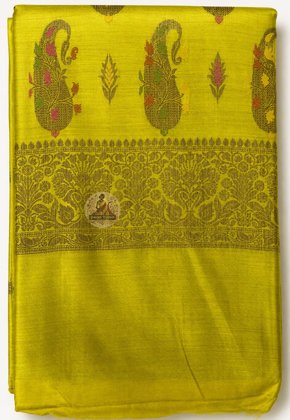 Detailed close-up of handwoven Banarasi pallu on Muga Tussar Saree with traditional zari jaal, paisley butis and gold floral border motifs